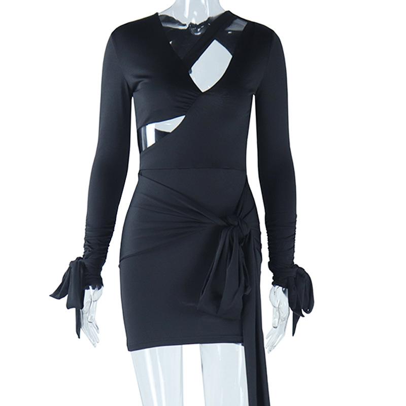 European and American Style Solid Color Sexy Deep V Backless Lace Up Waist Cinching Temperament Street Hugging Short Skirt