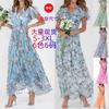 Nuovo vestito lungo da spiaggia a pendolo in chiffon floreale a maniche corte con volant e scollo a V, vestito alla moda in vita