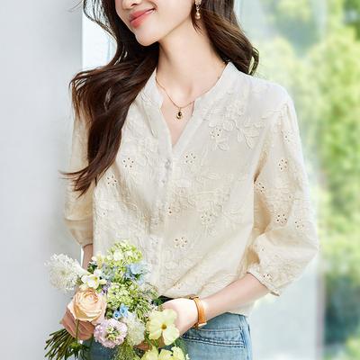 Apricot V-neck Shirt Women's Seven-quarter Sleeve Summer New Pure Cotton Embroidered Hollow Top