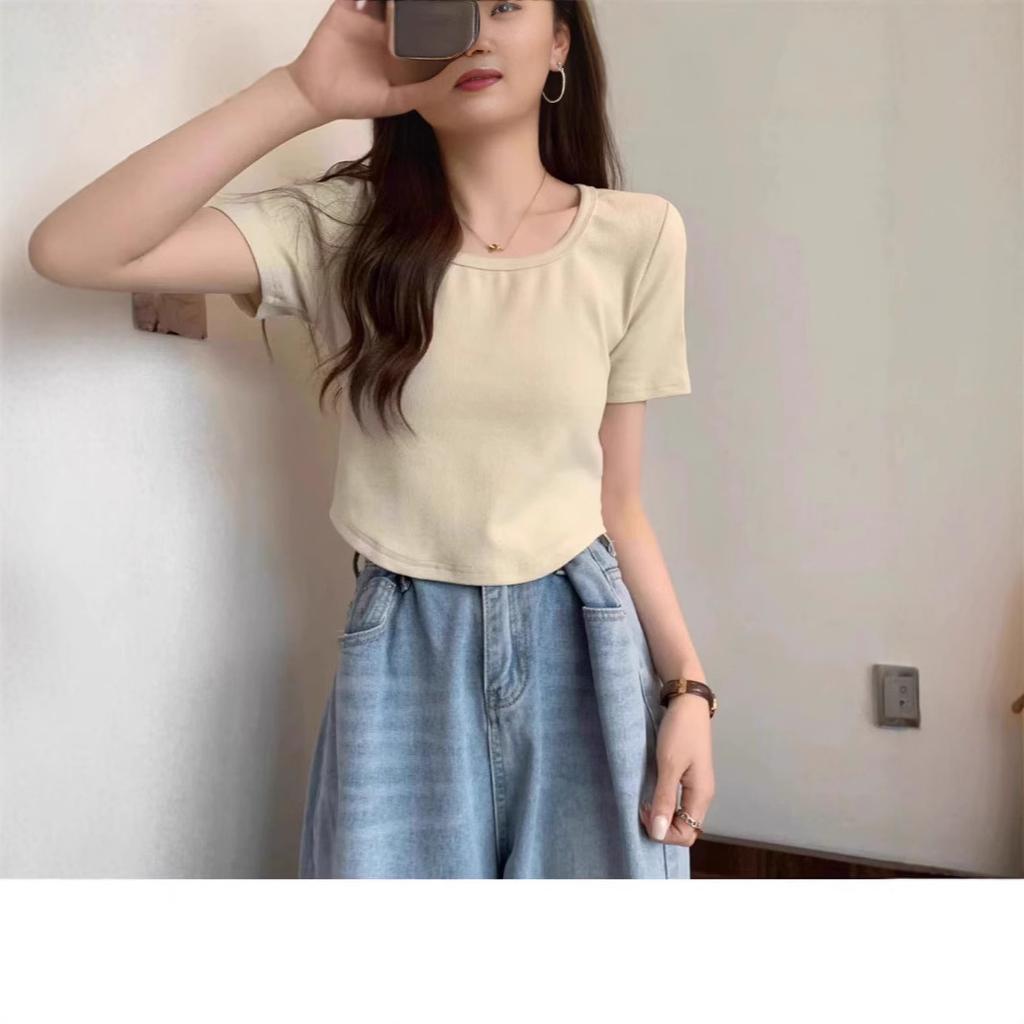 French Square Collar Curved Hem Short-sleeved T-shirt Women's Summer New Solid Color Slim-fitting Versatile Niche Top Tide