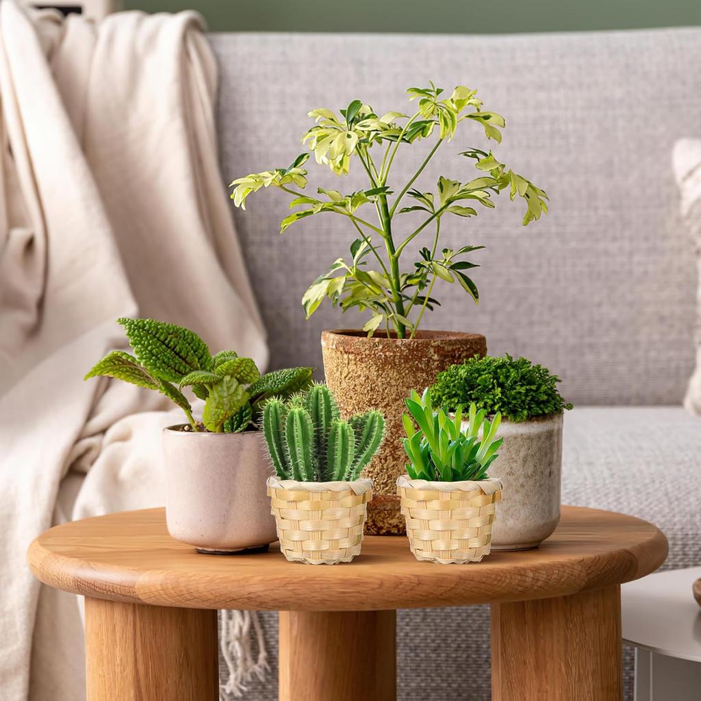 NUOBESTY 6Pcs 2.95X2.95X2.36in Mini Wood Woven Baskets Small Baskets Miniature Artifical Wood Woven Baskets Mini Straw Woven Storage Basket Without