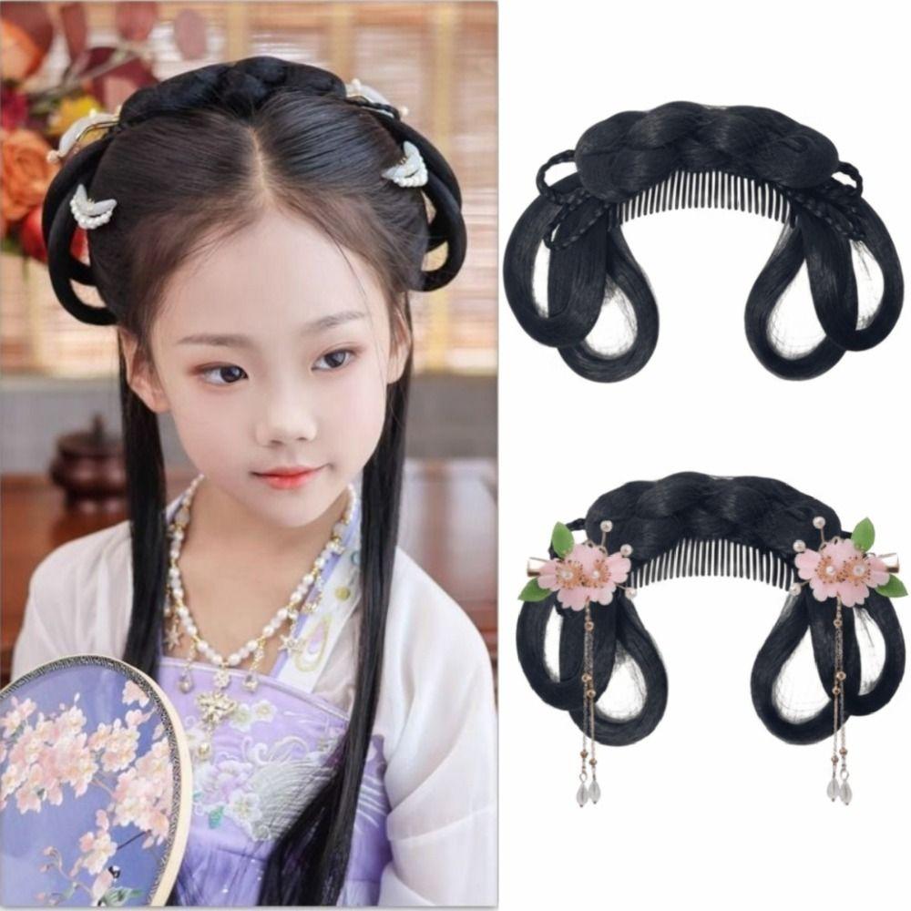 Headdress Girls Chinese Chignon Black Princess Hair Bun Cosplay Wig Integrated Hair Bun  for Kids