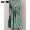 GMXIA 30 Color Pleated Midi Dress Short Sleeve Round Neck Loose Hem Mid-Calf Length Women Floral A-Line Party Dress Casual Wear