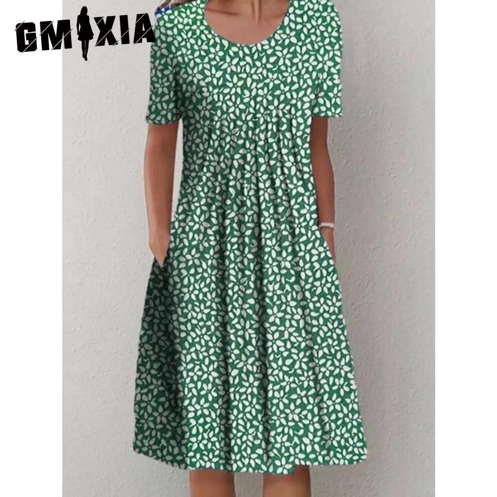 GMXIA 30 Color Pleated Midi Dress Short Sleeve Round Neck Loose Hem Mid-Calf Length Women Floral A-Line Party Dress Casual Wear