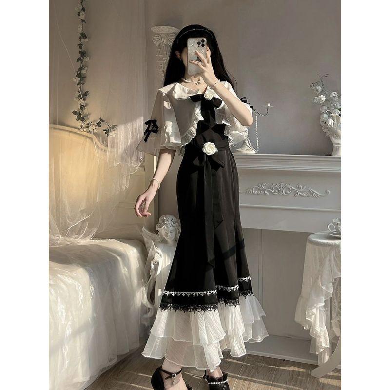 

Женский осенний костюм больших размеров, женское платье на подтяжках с рыбьим хвостом в стиле камелии L белый/чёрный