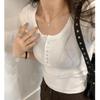 Small Slim Fit and Thin Short Bottom Top Women's New Pure Desire Spice Girl Front Shoulder Round Neck Button Short Sleeve