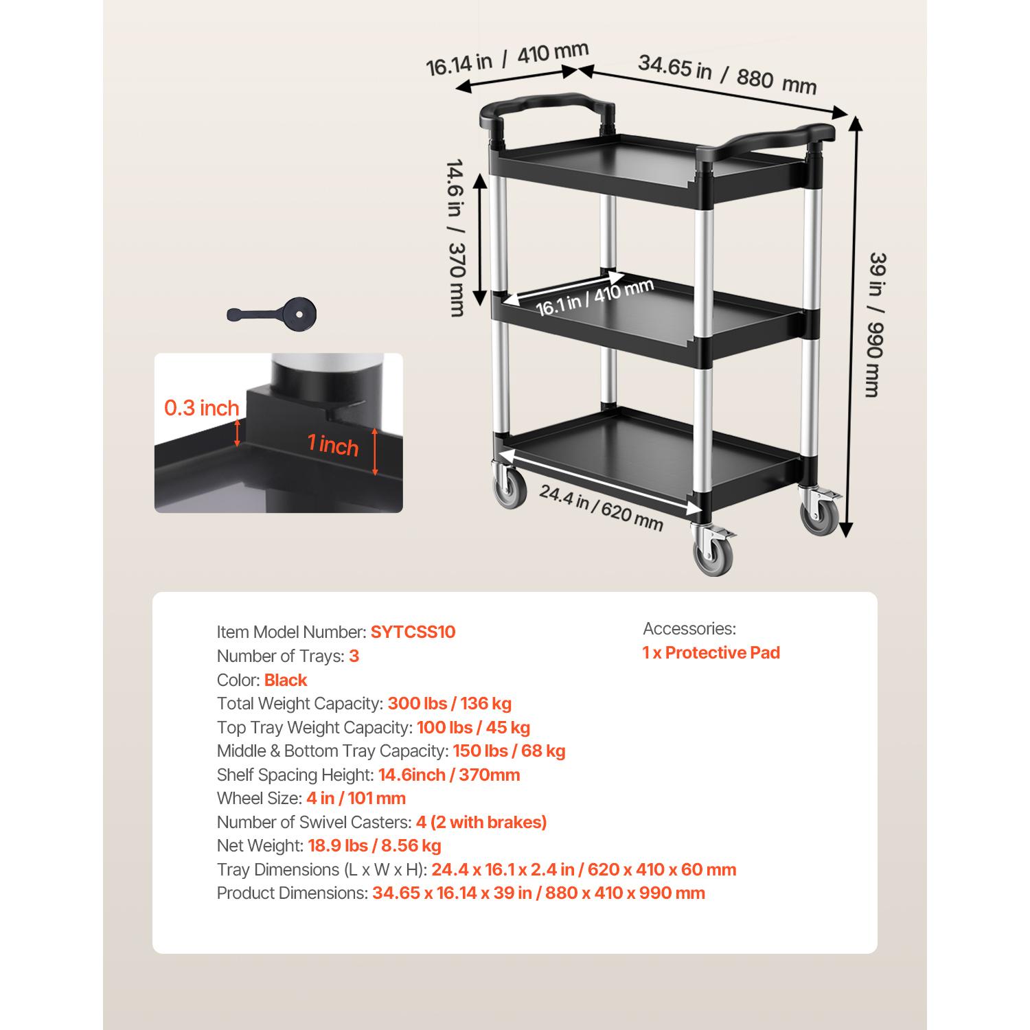 SucceBuy 300/500Lbs Rolling Utility Cart 3-tier Storage Rack with Swivel Wheels Food Service Trolley for Office Kitchen Bathroom 300 lbs