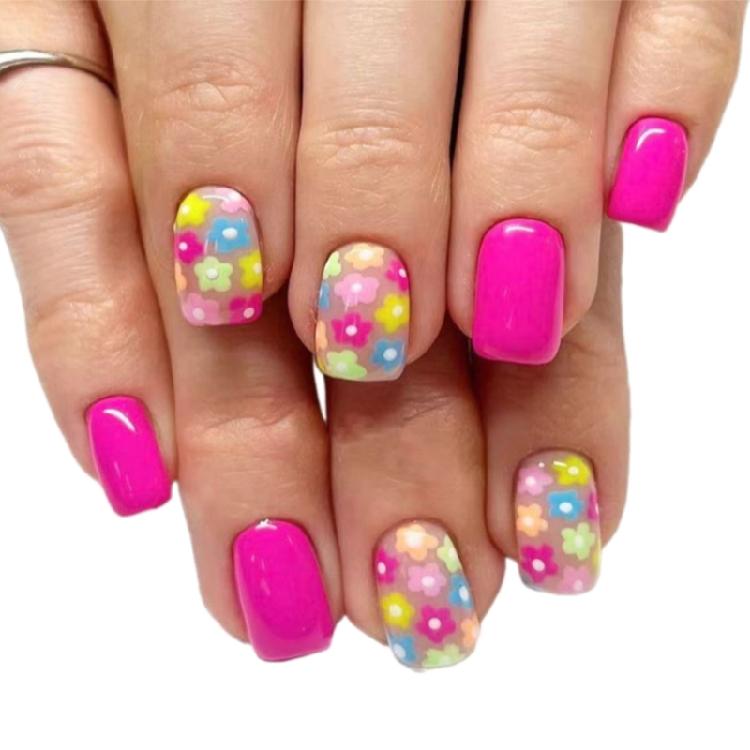 

24 Pcs Colorful Flowers Stick On Nail Glossy False Nail Short Square Press On Nail Solid Color Acrylic Nail 1