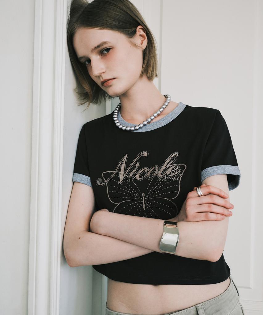 Nigaennikol Butterfly Ringer Crop Top_Charcoal