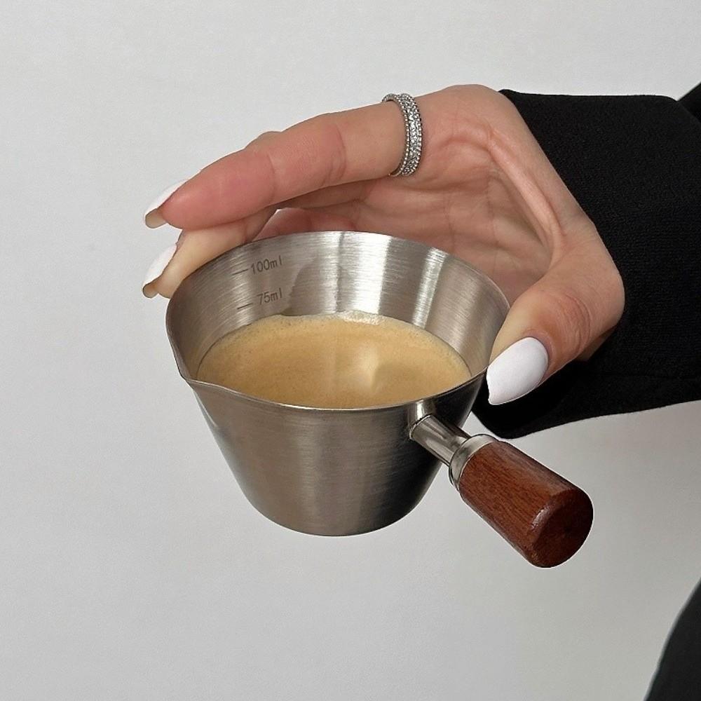 Nieuwe 100ML Italiaanse Espresso Maatbeker Houten Handvat met Schaal Kleine Melkbekers Roestvrij Staal Vloeibare Doseer Tool
