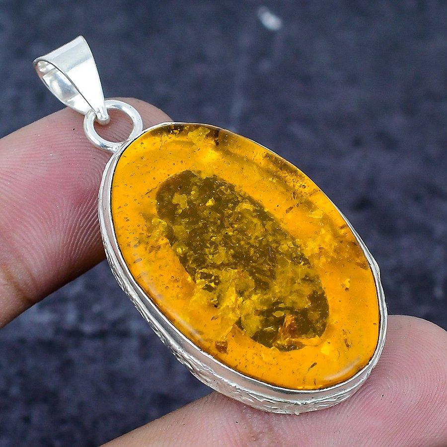 Baltic Amber Gemstone 925 Sterling Silver Jewelry Pendant 1.97"
