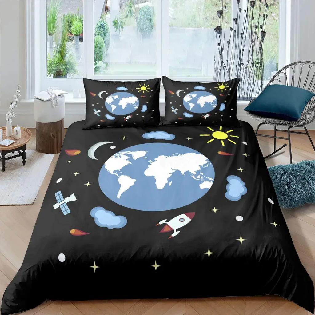 Rocket Duvet Cover Set King Size Spaceship Bedding Set Twin Microfiber Outer Space Galaxy Stars Planet Cartoon Style Quilt Cover