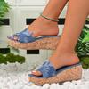 Modne Klapki na Koturnie Cool Drag Damskie Modne Okrągły Nosek Odkryte Palce Denim Platforma Antypoślizgowe Klapki