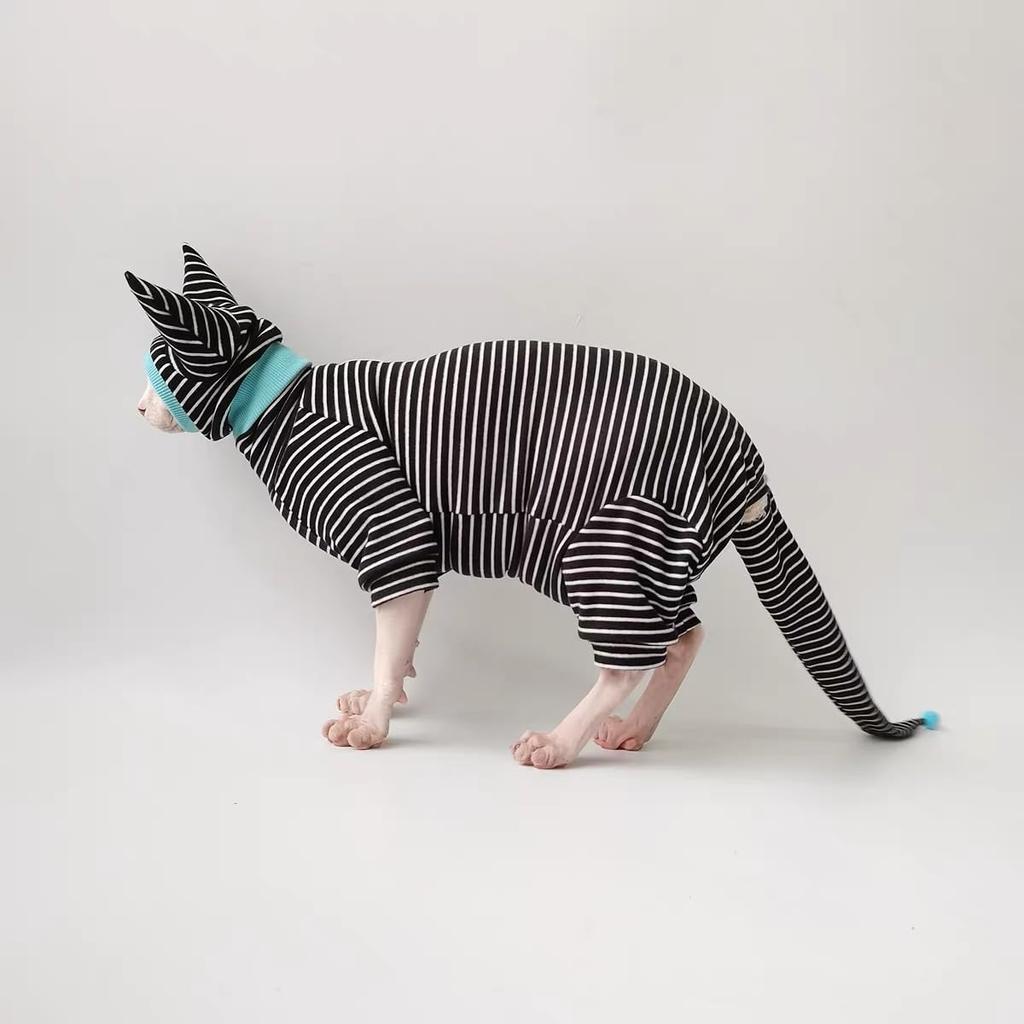 Sphynx Cat Clothes Black Stripe Breathable Shirts Suit, Pet Hat and Shirt Set (Medium)