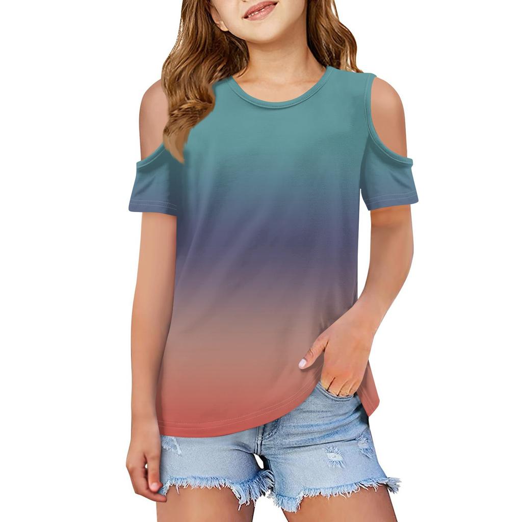 Children summer fashion T-shirt dew shoulder round collar gradient leisure coat