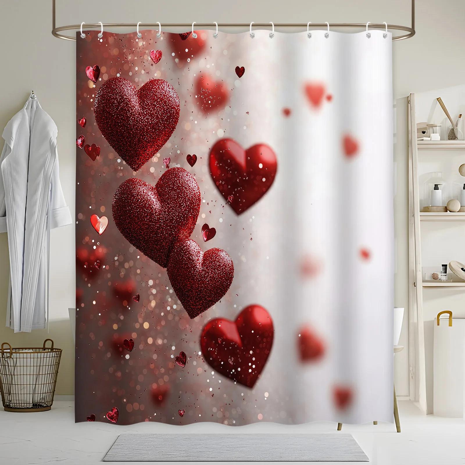 Romantic Glittery Hearts Bath Curtain - Soft Pink Gradient, 3 Large Metallic Red Hearts, Scattered Sparkles, Polyester W90xH180cm