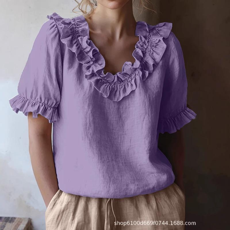 Women's Summer Solid Color Short Sleeve Shirt, Vintage Pullover Blouse
