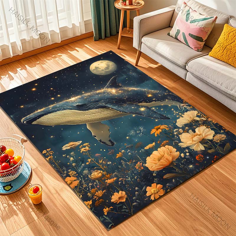 1PC Starry Whale and Floral Dream Print Carpet Rug for Living Room Bedroom Sofa Doormat Home Decor Non-slip Floor Mat