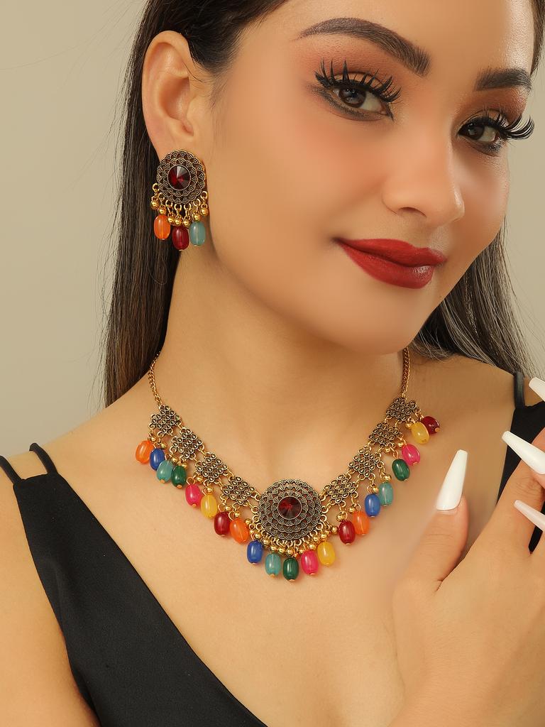 Vintage Indian Style Necklace Earrings Set Fringed Collarbone Chain Pendant Court Style