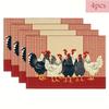 4/6pcs Rustic Chicken Print Placemats, Featuring Classic Country Style Design with Vibrant Chicken Illustrations and Red-White C
