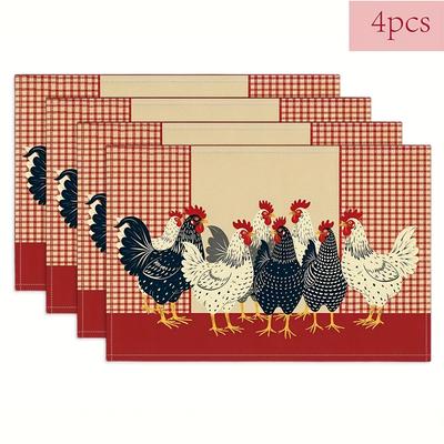 4/6pcs Rustic Chicken Print Placemats, Featuring Classic Country Style Design with Vibrant Chicken Illustrations and Red-White C