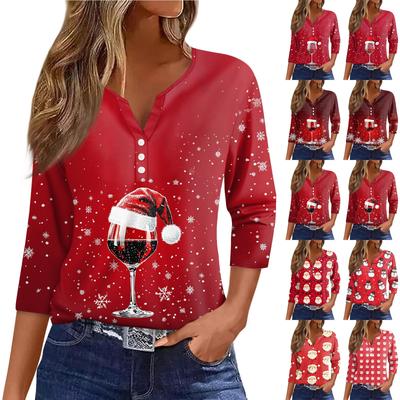 Women's T Shirt Tee Christmas Print Button 3/4 Sleeve Daily Weekend Fashion Basic V Neck Regular Top