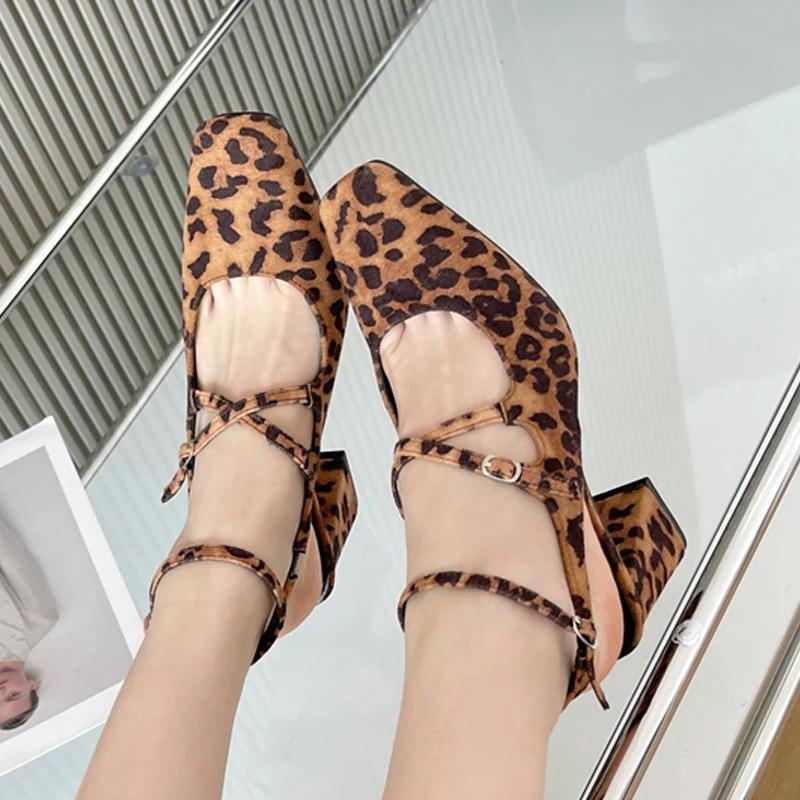 Pesstwei New Fashion Leopard Print Narrow Band Buckle Strap Women Pumps  Elegant Square Toe High Heels Wedding Party Shoes