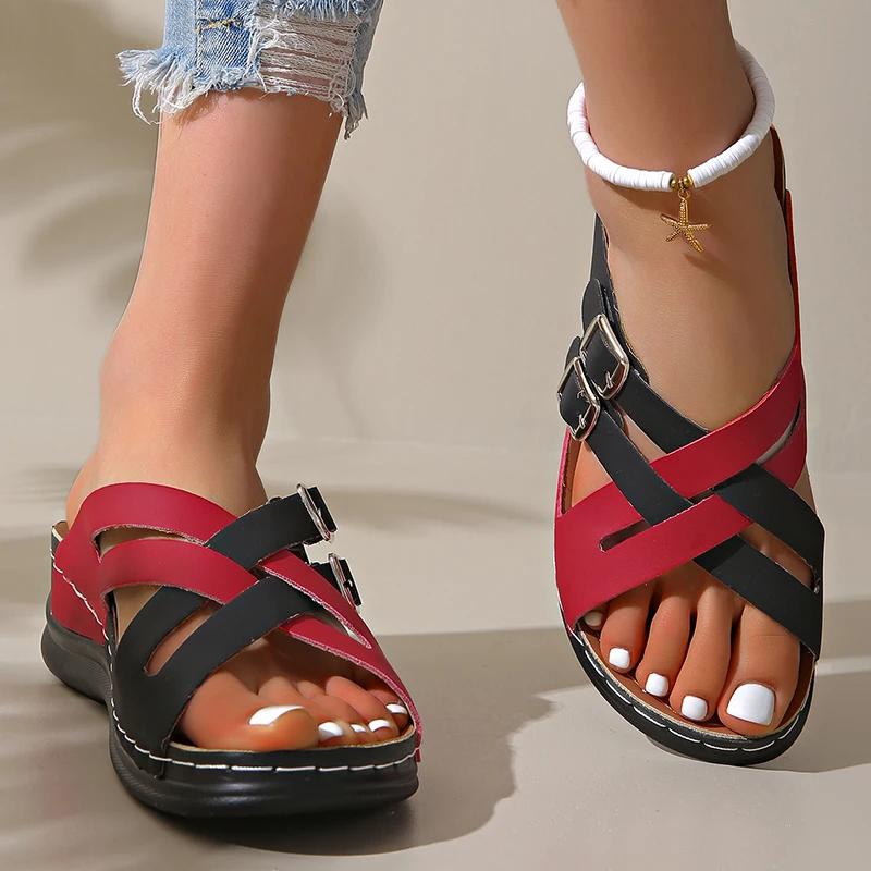 Fashion Mixed Color Cross Strap Wedge Sandals for Women Summer 2025 Comfort Non Slip Beach Shoes Woman Double Buckle Platform Slippers
