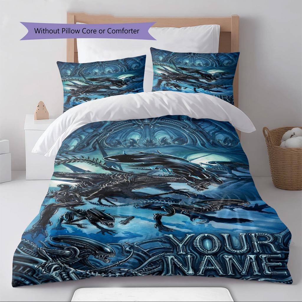 Name Custom Aliens Monster Pattern Bedding Set Quilt Cover Pillowcase Home Decor Gift (1 * Duvet Cover + 2 * Pillowcase, Without Core)