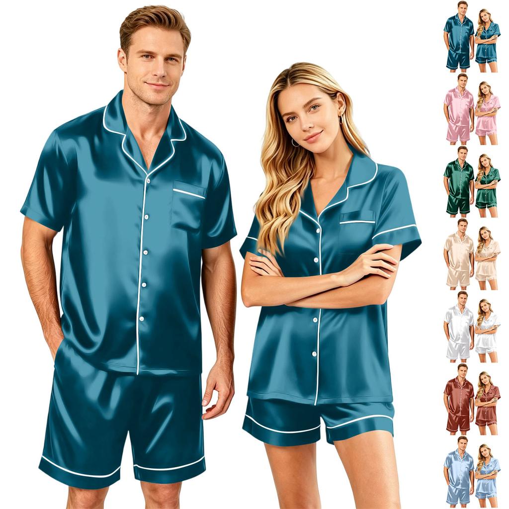 Couples Satin Pajama Set Short Sleeve Button Down Shirt and Shorts Sleepwear Soft Lightweight Loungewear S-XXXXL