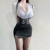 Sexy Uniforme Secreto de OL Disfraz Cosplay Atuendos de Maestra Camisa Falda Mini de Cuero Traje Juego de Rol Ropa para Discoteca Halloween