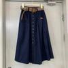 Cotton Midi Skirt With Belt Women Single -Breasted Large Pockets High Waist A -Line Skirt Autumn Summer Korean Fashion Long Skirt