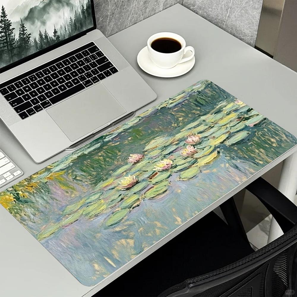 Large Mouse Pad Monet Water Lilies Print Stitched Edge AntiSlip Rubber Desk Mat For Gaming Working Home Office Laptop Use