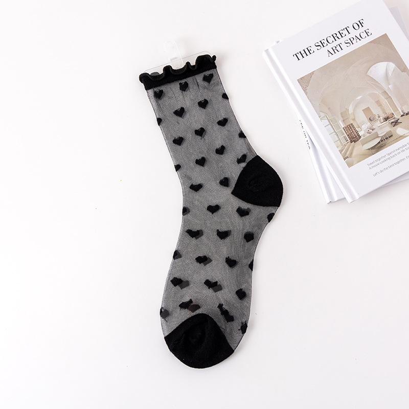 1 Pair Women's Lolita Summer Thin Crystal Glass Socks French Lace Ruffled Knee High Heart Stripes Sheer Mesh Socks for Girls