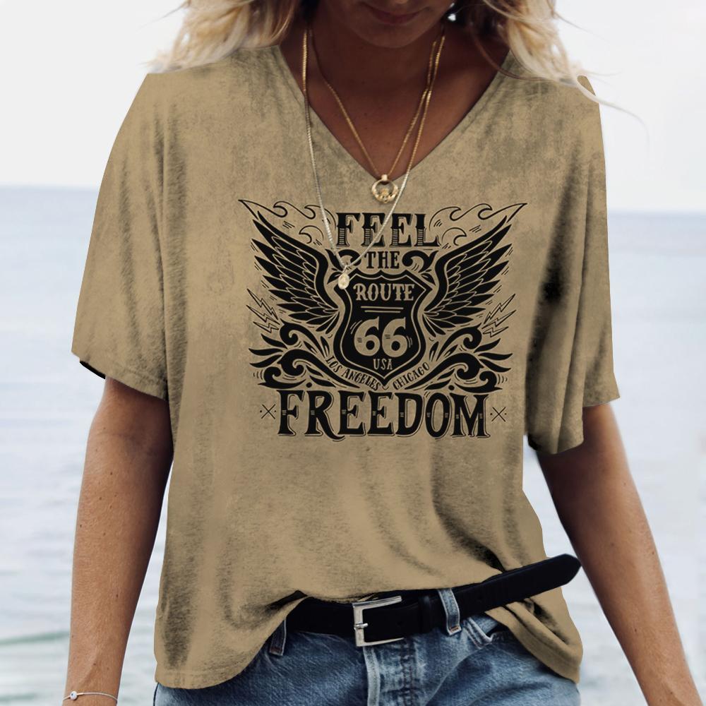 

Винтажная женская футболка с принтом маршрута US 66, футболка с V-образным вырезом, оверсайз, уличная одежда, одежда Харадзюку, женский повседневный топ с коротким рукавом 5XL