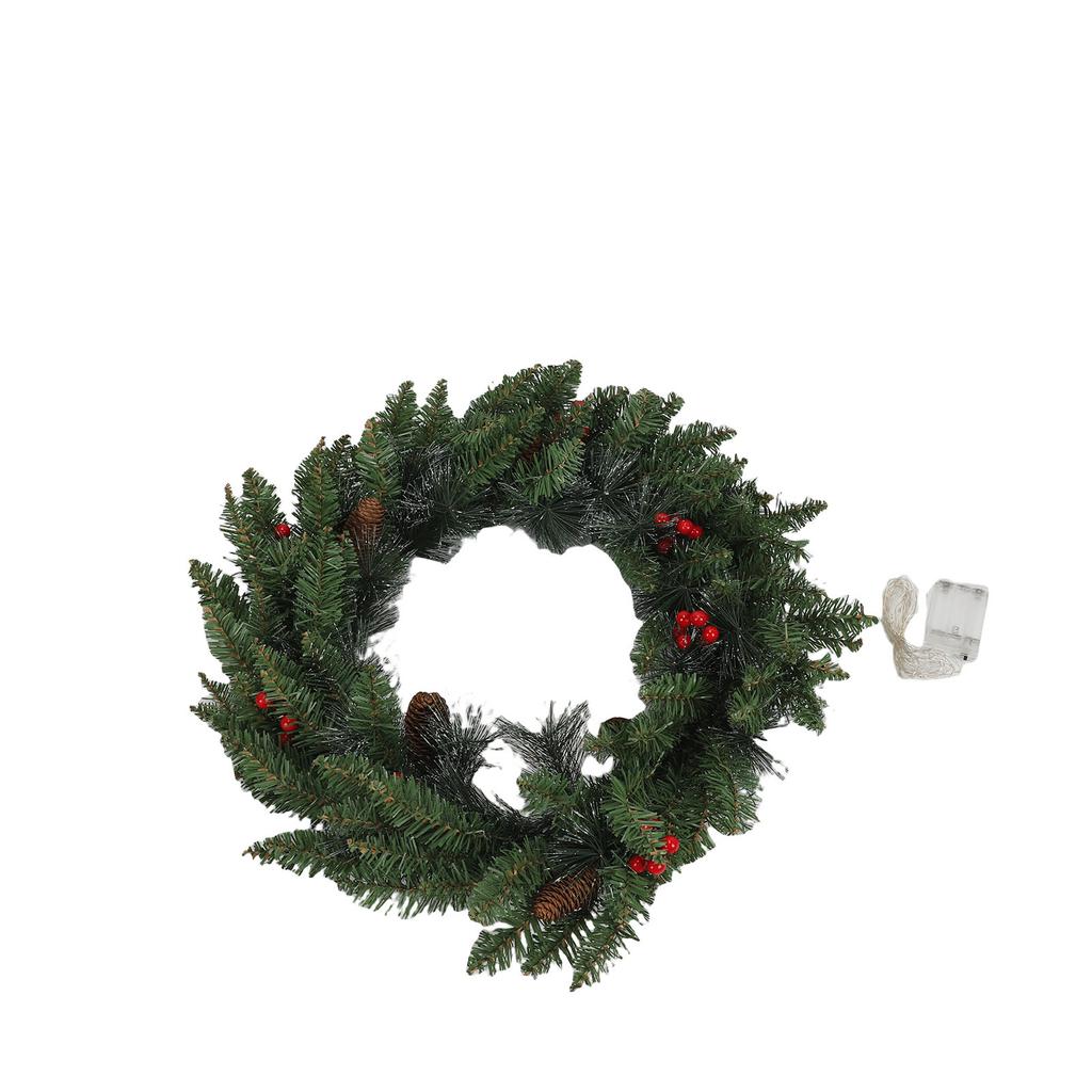 Artificial Xmas Round Wreath Red Berries Cones Decor Hanging Fake Wreath Ornament for Home Shop Bar