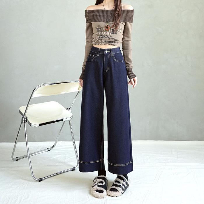 Autumn Stretch High-Waist Embroidered Loose Wide-Leg Denim Pants Large