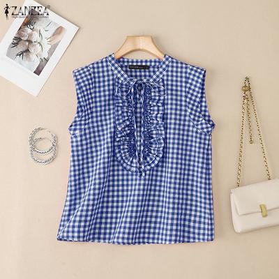 Womens Summer Loose Casual Plaid Print Sleeveless Blouse
