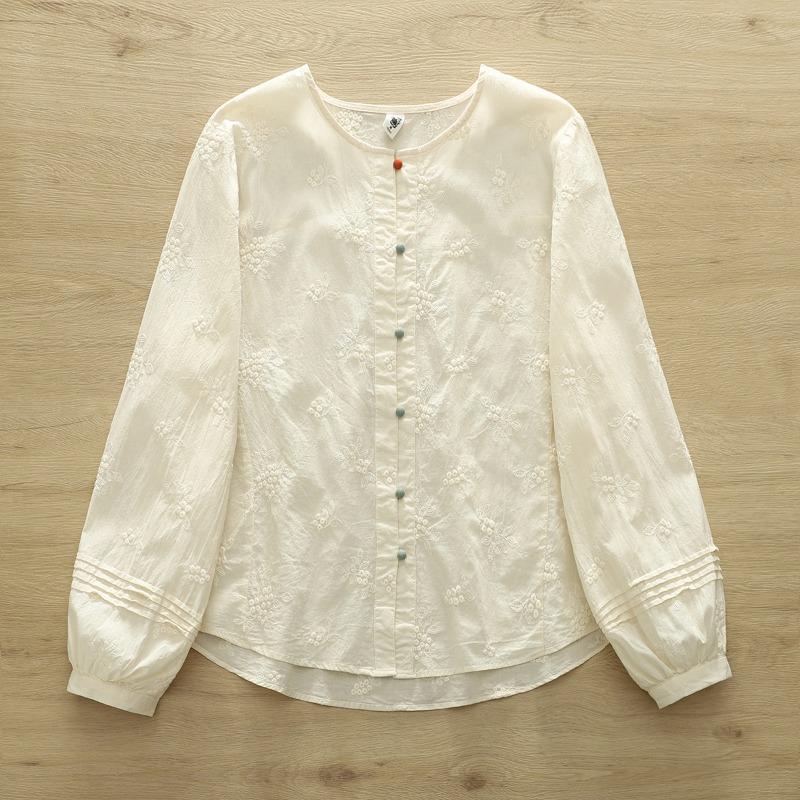 Spring Thin Pure Cotton Round Neck Women's Shirt with Full Embroidery Fresh Sweet Color Buckle Age Reducing Artistic Shirt