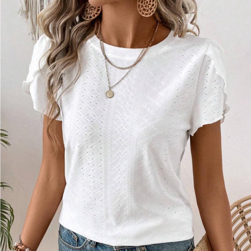 Ladies Summer O Neck Ruffles Short Sleeve Solid Color Pullover T Shirt Top