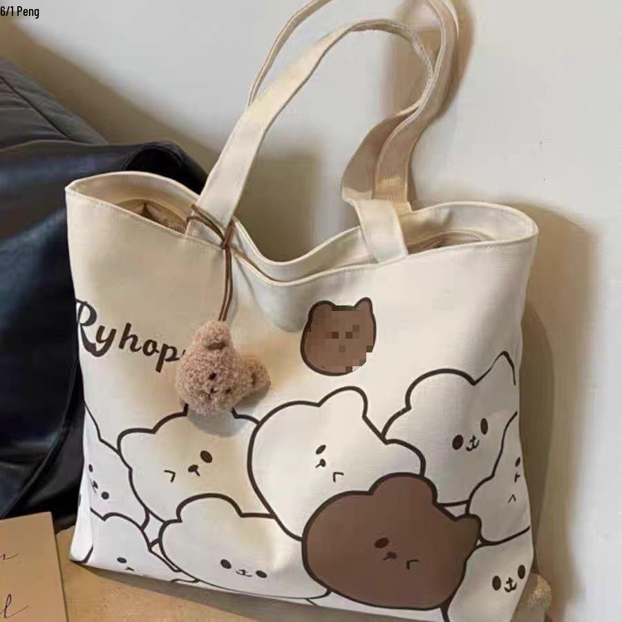 Japanese-Style One-Shoulder Tote: Women's Cartoon Canvas Bag with Zipper Pocket, Large Capacity, Versatile Handbag