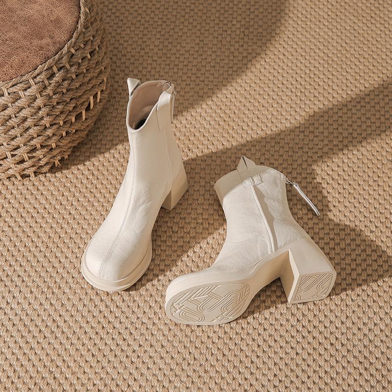Small height-increasing boots women's autumn and winter thick-heeled short boots autumn and winter white high-heeled boots leather boots Martin boots