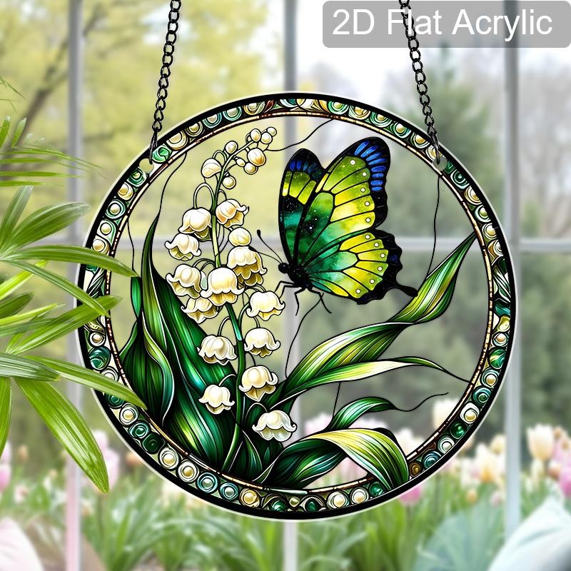 Acrylic Butterfly & Lily of the Valley Suncatcher Stained Glass Effect Window Hanging Ornament Floral & Insect Themed Gift for Home