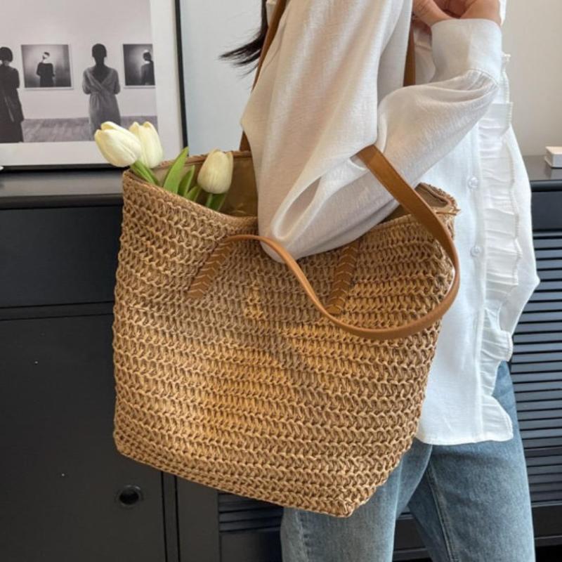 1Pcs Bohemian Summer Fashion Straw Beach Tote Bag Hand-Woven Women'S Shoulder Handbag Travel Shopper Weaving Shopping Bags