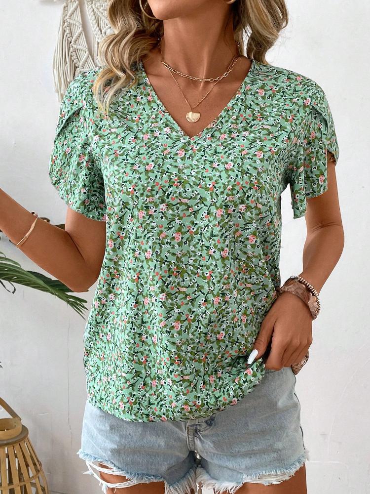 

Летние повседневные модные топы с короткими рукавами и цветочным принтом, женские элегантные свободные футболки с v-образным вырезом и оборками, новые шикарные милые пляжные футболки, верхняя одежда S зелёный