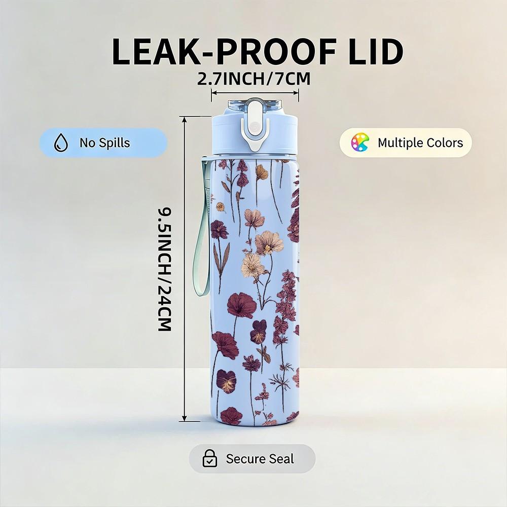 1PC Purple Lavender Floral Bouquet Print 750ml Color Plastic Sports Water Bottle Leakproof Flip Straw Lid Suitable for Sports Office Home Use