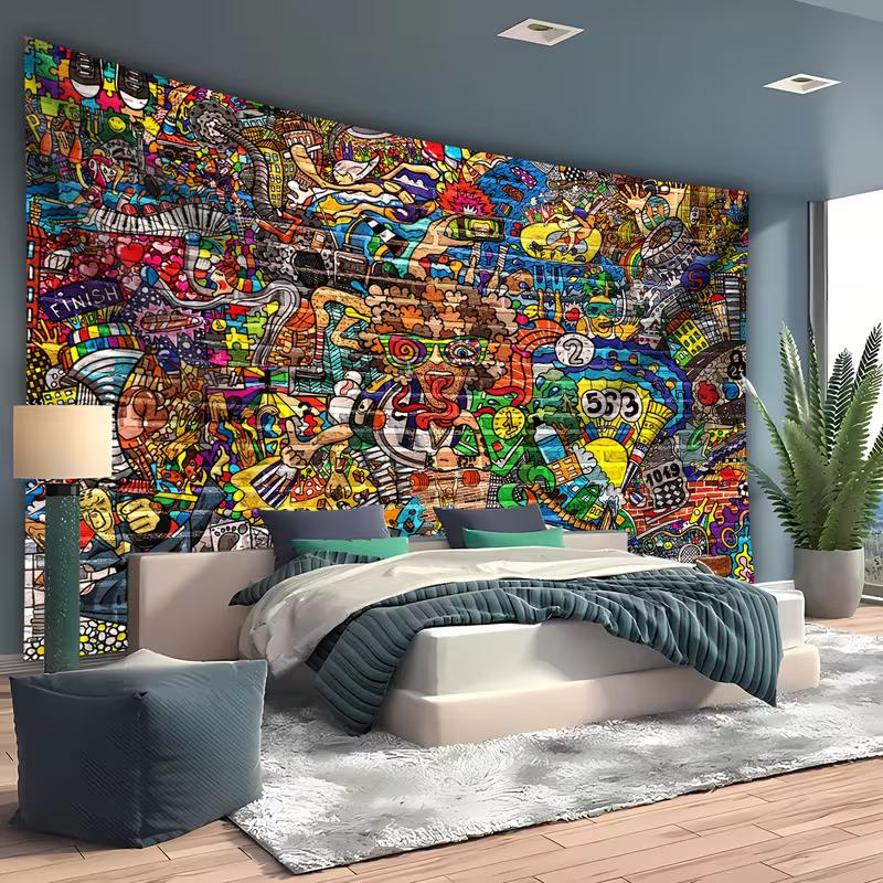 2D Printed Vibrant Street Art Tapestry for Living Room & Dorm