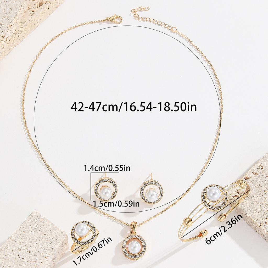 European and American fashion new creative design diamond-studded round pearl earrings, ring, necklace set accessories for women