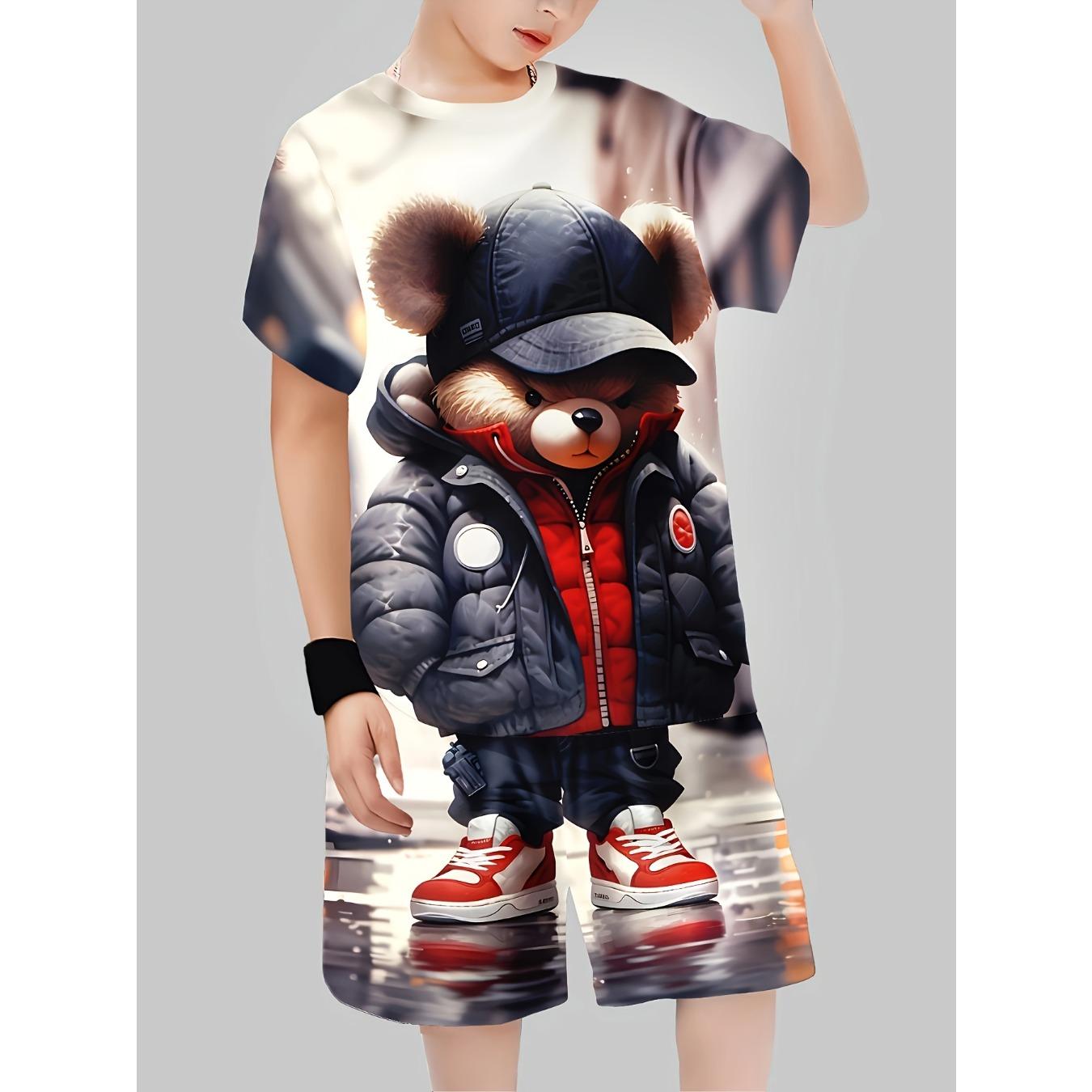 

Boys 3D Printed Bear Teddy Bear Graphic T-Shirt & Shorts Set Casual Summer Outfit with Red Teddy Bear Design 5-6Y