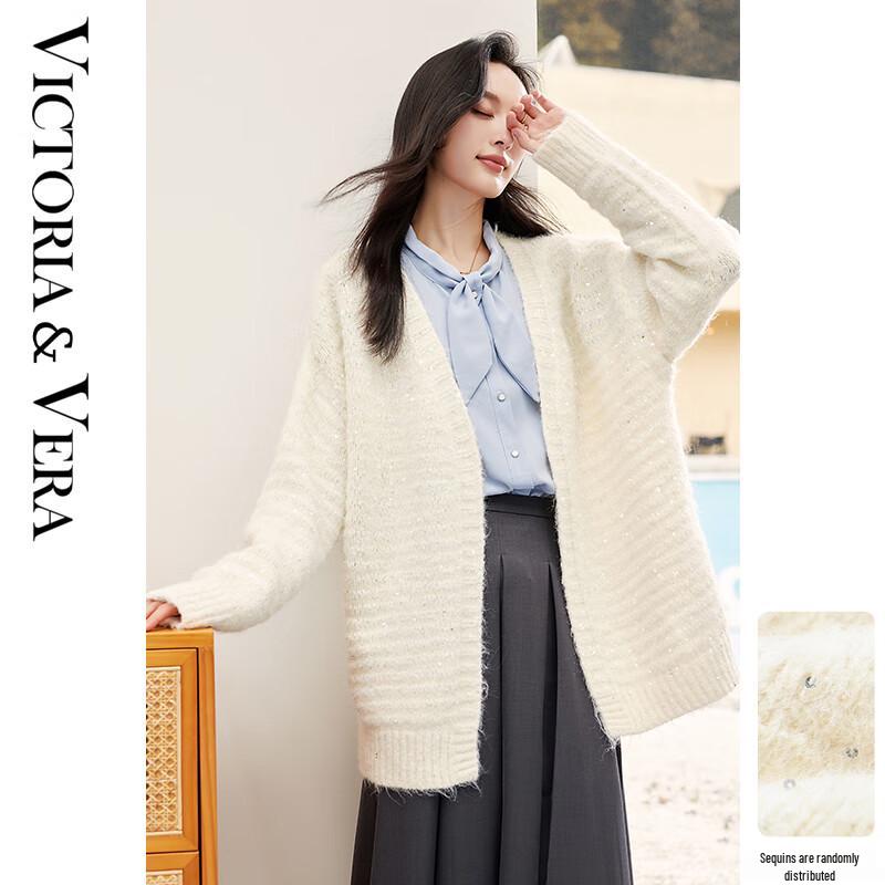 

VICTORIA&VERA Women s Round Neck Fluffy Sequin Knit Jacket XL
